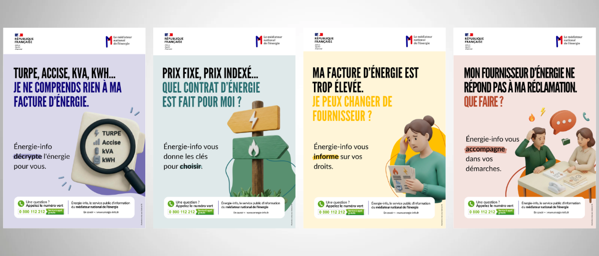 Bannière regroupant quatre visuels Énergie-Info du Médiateur national de l’énergie : comprendre sa facture d’énergie, choisir un contrat d’énergie, changer de fournisseur et faire une réclamation.